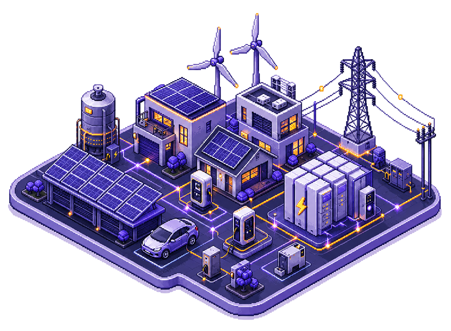Isometric pixel-art illustration of an interconnected climate technology system with solar panels, EV charging, battery storage and grid infrastructure.